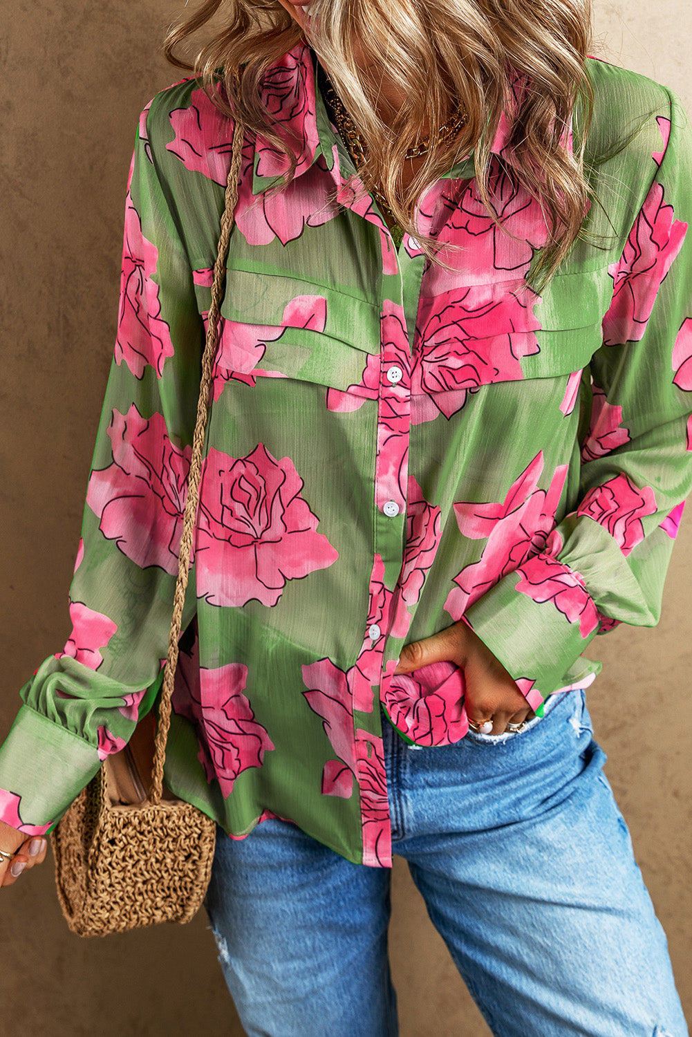 Womens Blouse | Green Floral Print Pleated Detail Puff Sleeve Shirt | Tops/Blouses & Shirts