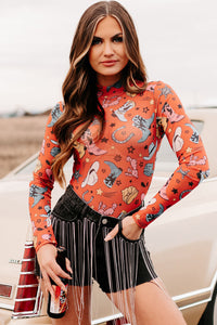 Orange Rodeo Bound Printed Long Sleeve Bodysuit