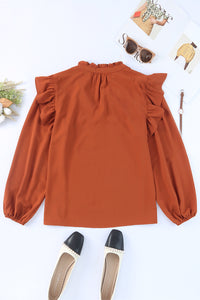 Orange Ruffled Pleated Buttoned V Neck Blouse | Tops/Blouses & Shirts