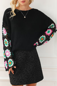 Black Floral Crochet Bell Sleeve Loose Sweater | Tops/Sweaters & Cardigans