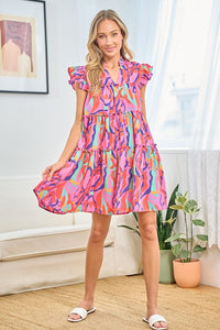 Tiered Dress | Full Size Printed Ruffle Cap Sleeve Mini Dress