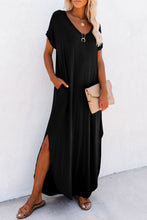 Load image into Gallery viewer, Black V Neck Hidden Pocket Splits Maxi T-shirt Dress
