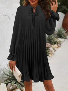 Pleated Mini Dress | Tie Neck Flounce Sleeve