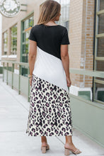 Load image into Gallery viewer, T Shirt Maxi Dress | Black Leopard Color Block Side Slit Dress
