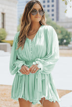 Load image into Gallery viewer, Green Pleated Ruffled Tie Waist Buttons V Neck Romper
