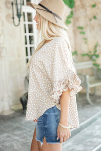 Ruffled Sleeve Top | Khaki Dolman Loose Blouse