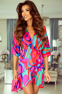 Multicolor Abstract Printed V Neck Dolman Sleeve Ruffle Wrap Dress | Dresses/Mini Dresses