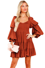 Load image into Gallery viewer, Brown Boho Solid Shirred Ruffle Mini Dress | Dresses/Mini Dresses
