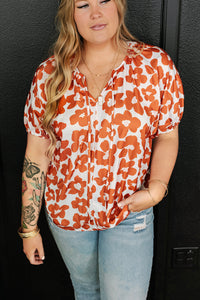 Orange Plus Size Floral Print Drawstring V Neck Short Sleeve Blouse | Plus Size/Plus Size Tops/Plus Size Blouses & Shirts