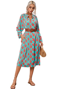 Shirt Dress | Sky Blue Western Geometric Print Split Buttoned