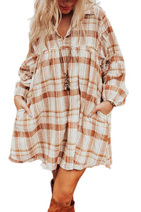 Brown Plaid Print Babydoll Mini Dress | Dresses/Mini Dresses