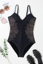 Load image into Gallery viewer, Black Petal Print Crisscross Back Spaghetti Straps Swimsuit | Swimwear/One Piece Swimsuit
