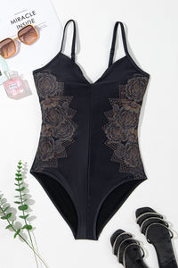 Black Petal Print Crisscross Back Spaghetti Straps Swimsuit | Swimwear/One Piece Swimsuit