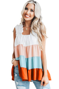 Tank Top | White Frill Straps Color Block Tiered Blouse