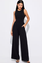 Load image into Gallery viewer, Black Cinched Waist Sleeveless Wide Leg Jumpsuit | Bottoms/Jumpsuits &amp; Rompers
