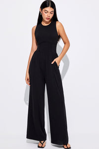 Black Cinched Waist Sleeveless Wide Leg Jumpsuit | Bottoms/Jumpsuits & Rompers