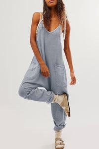 Gray Jumpsuit | Gray Waffle Knit Spaghetti Straps Loose Fit