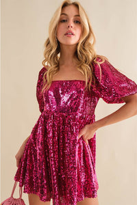 Womens Romper | Rose Red Short Puff Sleeve Sequin Babydoll Romper | Bottoms/Jumpsuits & Rompers