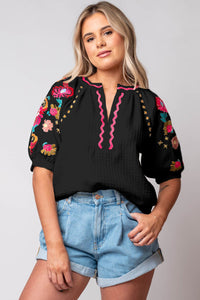 Puff Sleeve Top | Black Floral Embroidered Blouse