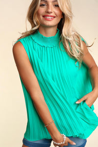 Sleeveless Top | Smocked Mock Neck Pleated Blouse