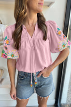 Load image into Gallery viewer, Pink Floral Embroidered Puff Sleeve Split Neck Blouse | Tops/Blouses &amp; Shirts
