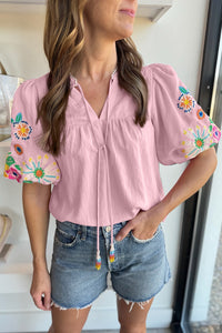 Pink Floral Embroidered Puff Sleeve Split Neck Blouse | Tops/Blouses & Shirts