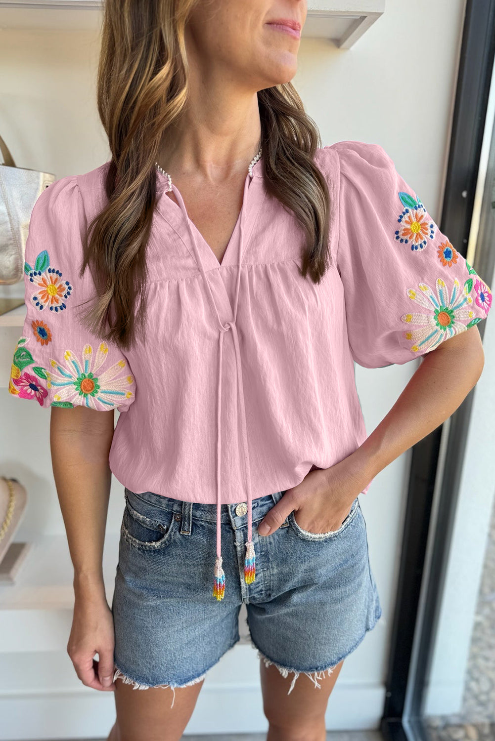 Pink Floral Embroidered Puff Sleeve Split Neck Blouse | Tops/Blouses & Shirts