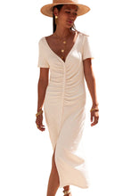 Load image into Gallery viewer, T-Shirt Dress | Beige V Neck Ruched Button Front French
