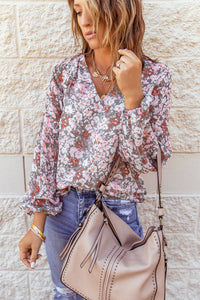 Multicolor Floral Print V Neck Long Puff Sleeve Top