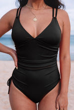 Load image into Gallery viewer, Black Adjustable Straps Ribbed Knit One Piece Swimsuit | Swimwear/One Piece Swimsuit
