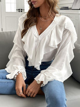 Load image into Gallery viewer, Full Size Ruffled V-Neck Button Down Flounce Sleeve Blouse
