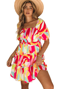 Multicolor Geometric Print Smocked Babydoll Mini Dress | Dresses/Mini Dresses