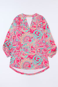 Rose Plus Size Paisley Print V Neck Roll Tab Sleeve Blouse | Plus Size/Plus Size Tops/Plus Size Blouses & Shirts