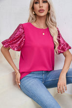 Load image into Gallery viewer, Rose Red Contrast Sequin Puff Sleeve T Shirt
