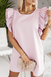 Mini Dress | Pink Round Neck Ruffle Shift Dress