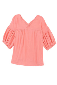 Pink Textured V Neck Bracelet Sleeve Babydoll Blouse | Tops/Blouses & Shirts