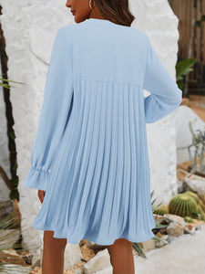 Pleated Mini Dress | Tie Neck Flounce Sleeve