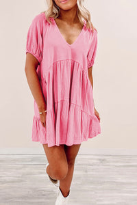 Strawberry Pink Puff Sleeve V Neck Tiered Swing Dress | Dresses/Mini Dresses