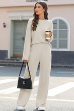 Load image into Gallery viewer, Beige Ribbed Drop Shoulder Henley Top Wide Leg Pants Set | Two Piece Sets/Pant Sets
