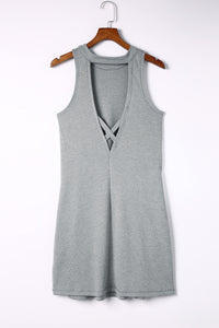 Knit Sleeveless Dress | Gray Crisscross Cut-Out Back Dress