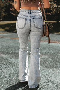 Light Blue Distressed Light Washed Slit Knee Flared Jeans | Bottoms/Jeans