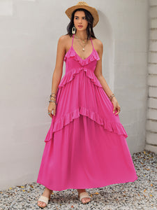 Pink Maxi Dress | Ruffled Halter Neck Sleeveless Dress