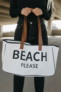 White BEACH PLEASE Print Large Canvas Tote Bag | Shoes & Bags/Handbags