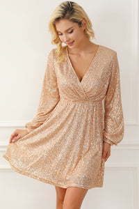 Sequin Dress | Apricot Wrapped V-neck Dress