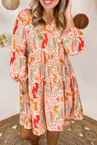 Multicolour Split Neck Puff Sleeve Flowy Printed Dress | Dresses/Mini Dresses