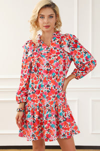 Multicolour Ruffle Split Neck Floral Long Sleeve Dress | Dresses/Floral Dresses