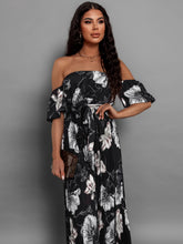 Load image into Gallery viewer, Off Shoulder Midi Dress | Pleated Floral Short Sleeve Dress
