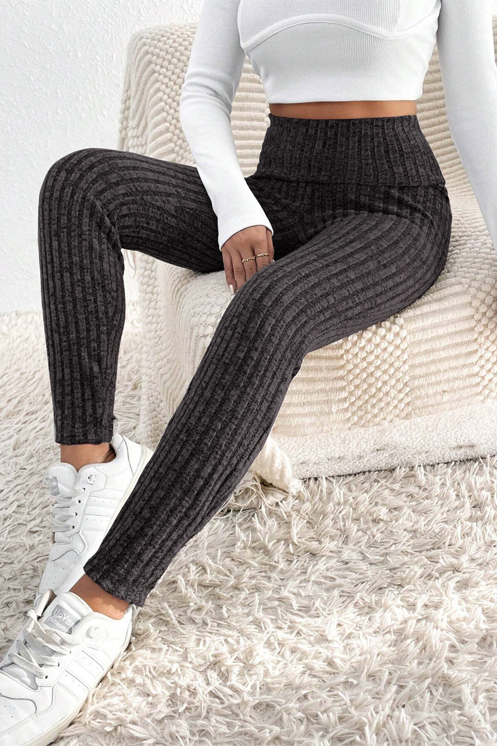 Wide Waistband Leggings | Dark Grey Textured Knit Leggings