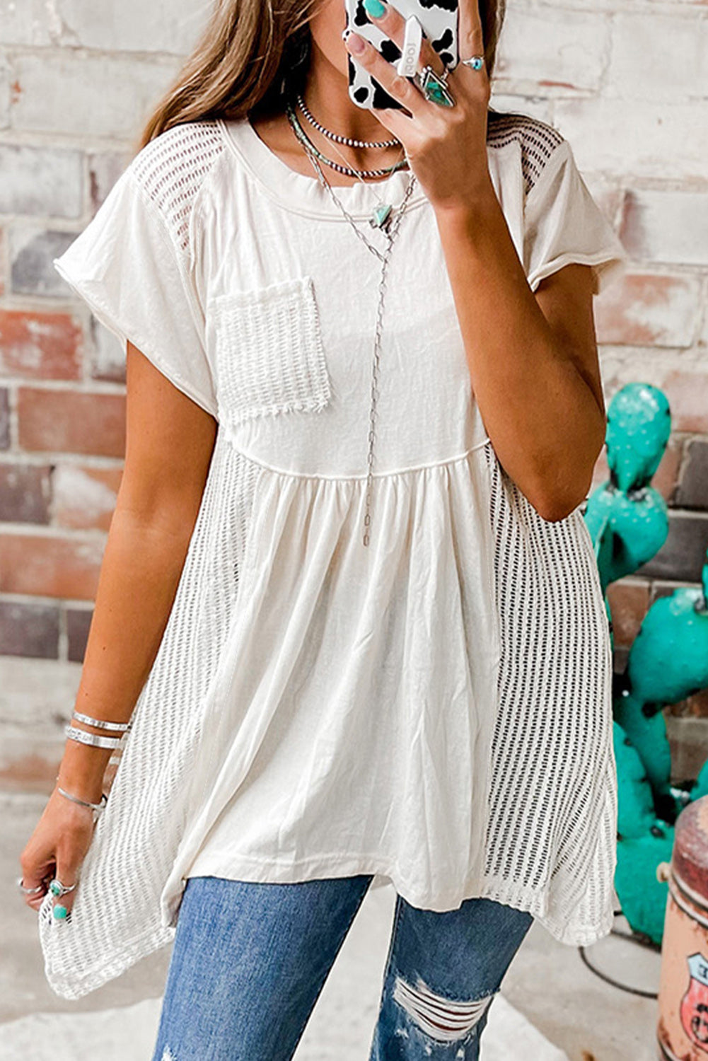 White Tunic Top | White Hollow Knit Keyhole Back Tunic Top