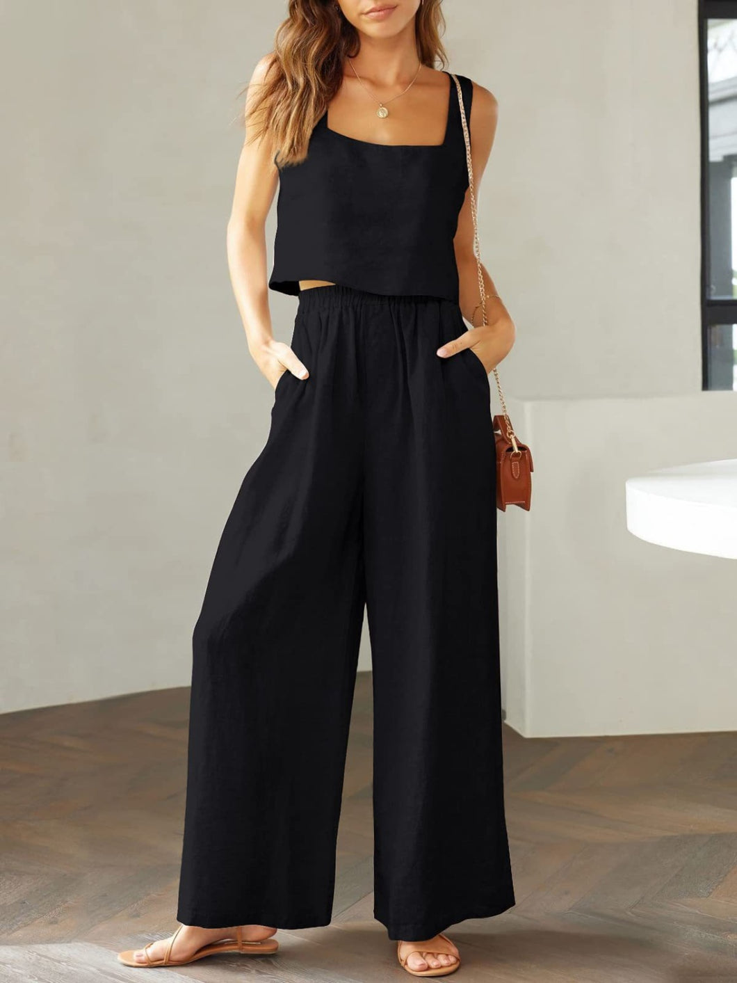 Womens Pants Set-Square Neck Top and Wide Leg Pants Set | pants set